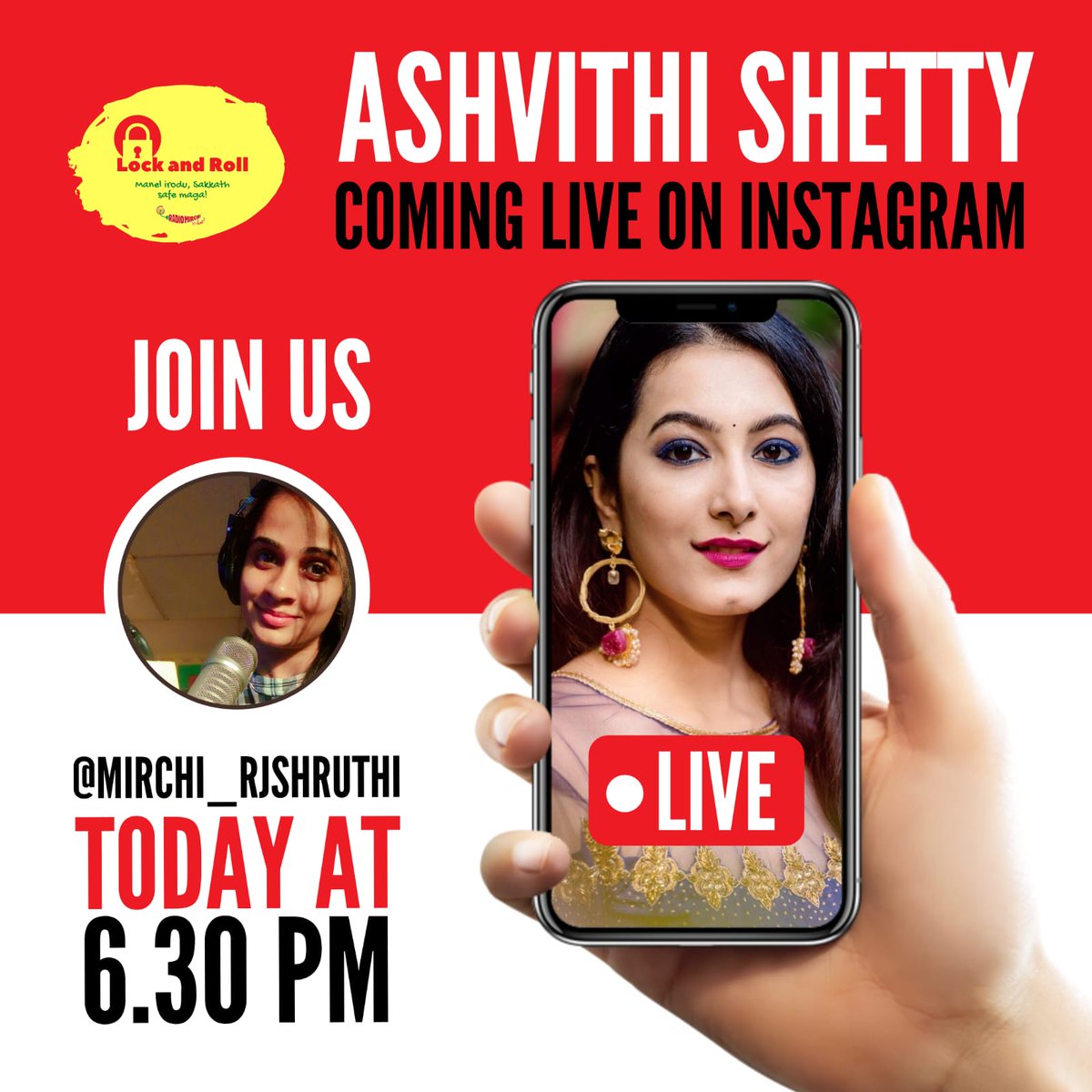 MirchiKannada's tweet photo. Catch @AshvithiS Live with Rj Shruthi on Instagram today 04/04/2020 @ 6:30 PM
Let's lock and roll with mirchi RJs!
#corona #coronalockdown #lockandroll #MirchiKannada #lockdown #lockdownindia #Kannada #SaturdayMotivation https://t.co/39QJAF44YP