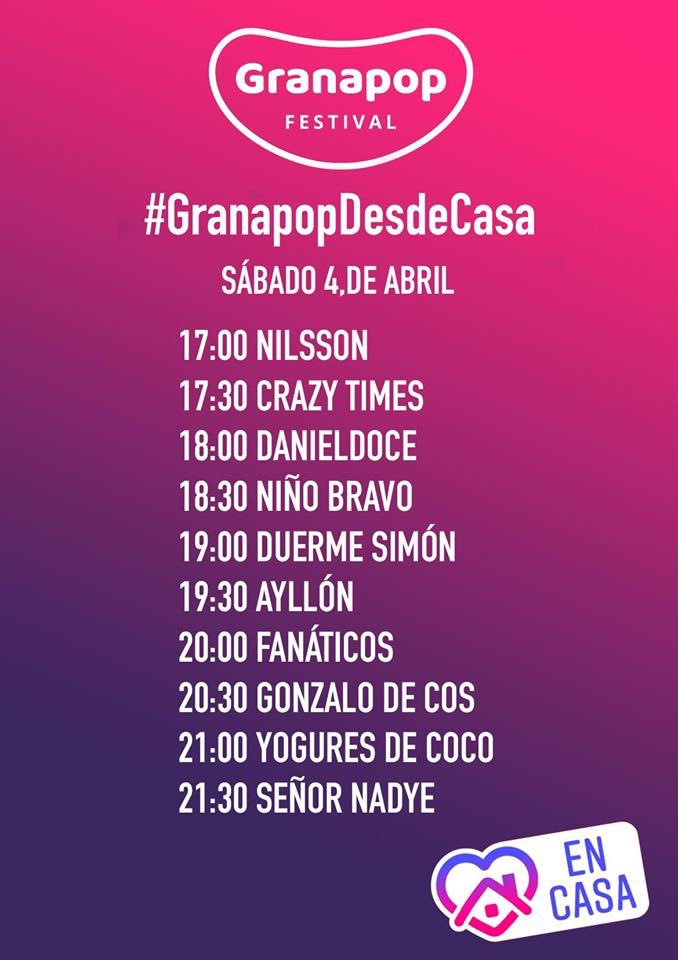 Hoy nos vemos en Instagram desde las 16:30 en <a href="/Granapop/">@Granapop</a> y después con todos estos artistas!! #GranapopdesdeCasa