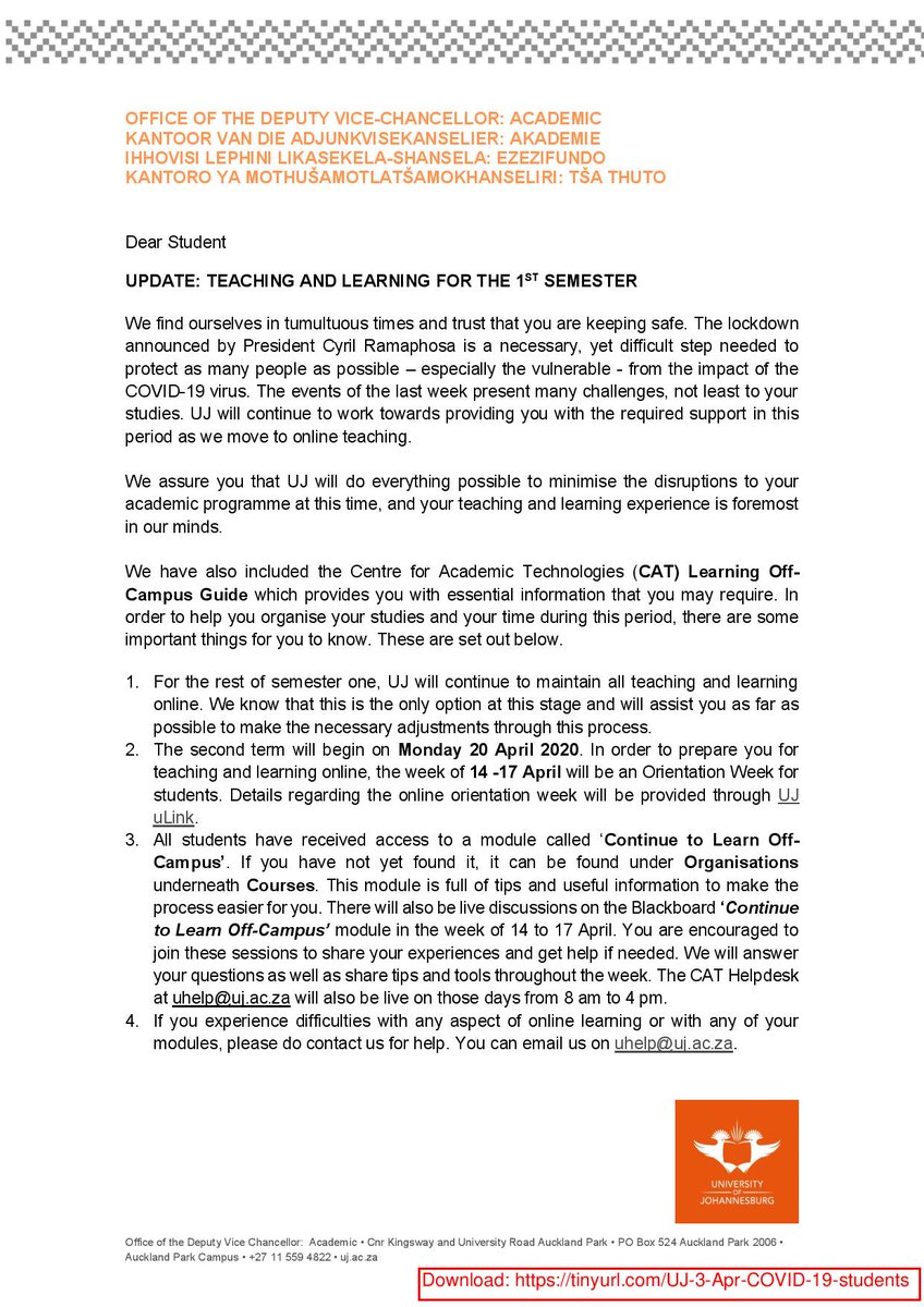 go2uj's tweet photo. Dear UJ Students

Please see this important message from the Deputy Vice-Chancellor Academic: Prof Angina Parekh https://t.co/eC8ODDXQok