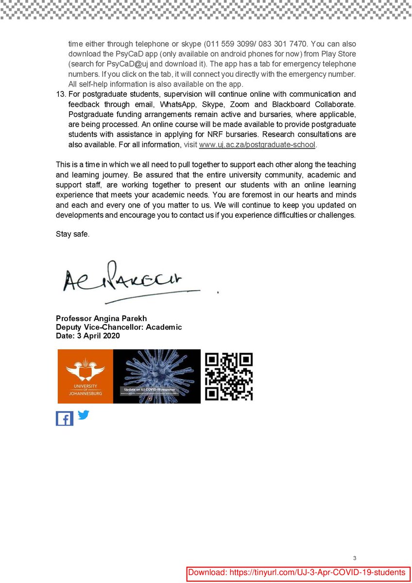 go2uj's tweet photo. Dear UJ Students

Please see this important message from the Deputy Vice-Chancellor Academic: Prof Angina Parekh https://t.co/eC8ODDXQok