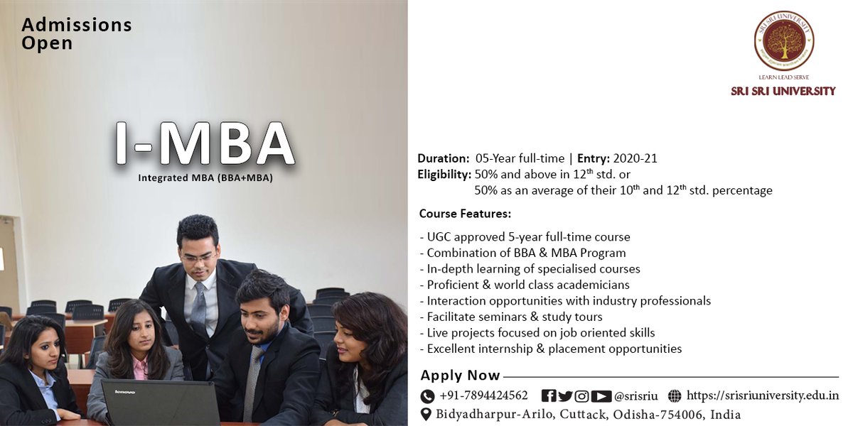 SriSriU's tweet photo. We offer an Integrated-MBA (BBA+MBA) program with great placement &amp; internship support! Take this opportunity to learn from the best academicians!

Admissions Open for AY-2020

Apply: https://t.co/JV4JcVGL1g
 
#JoinSSU #LifeAtSSU #MBAAtSSU https://t.co/29XO9Uvxmw