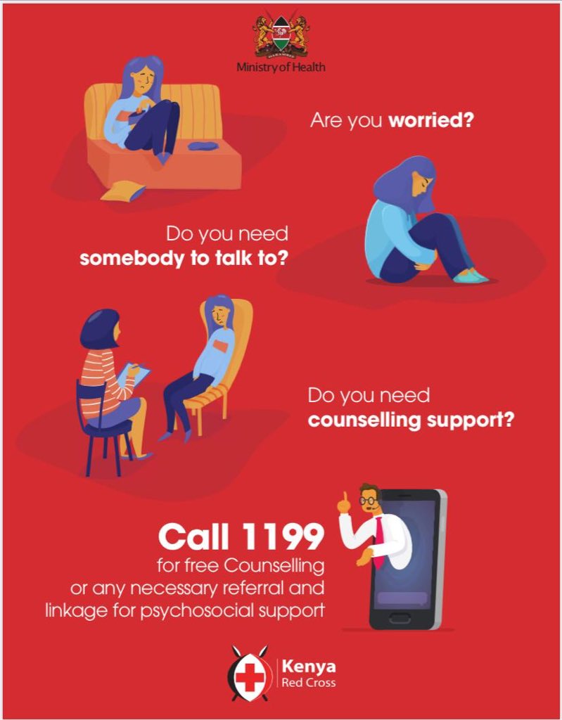 MOH_Kenya's tweet photo. Are you worried 🙆🏿‍♂️ or stressed about the ongoing #COVID-19 Pandemic? 

@KenyaRedCross telecounselors are on hand to offer you support anytime. 

FREE counseling Call 1199 

More on #Coronavirus ⤵️ 

📞  719 - Toll  FREE
✉️ Text - 719 
https://t.co/WbqCigVjfl

#KomeshaCorona https://t.co/9IhuBdSfb9
