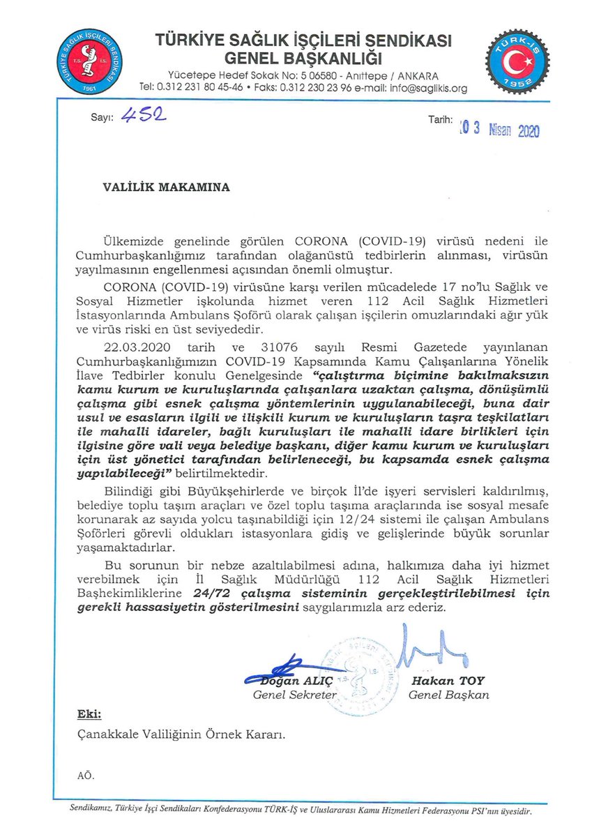 Türkiye Sağlık İşçileri Sendikası olarak 81 İlin Valiliklerine, sağlık işçilerinin 24/72 vardiya sisteminde çalıştırılması için yazı yazarak talepte bulunduk.<a href="/BursaValiligi/">T.C. Bursa Valiliği</a>