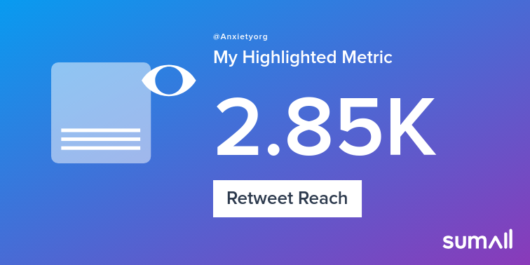 Anxietyorg's tweet photo. My week on Twitter 🎉: 3 Mentions, 114 Mention Reach, 3 Likes, 1 Retweet, 2.85K Retweet Reach. See yours with https://t.co/eNJTJRmnP5 https://t.co/Tagu1c9Aj1
