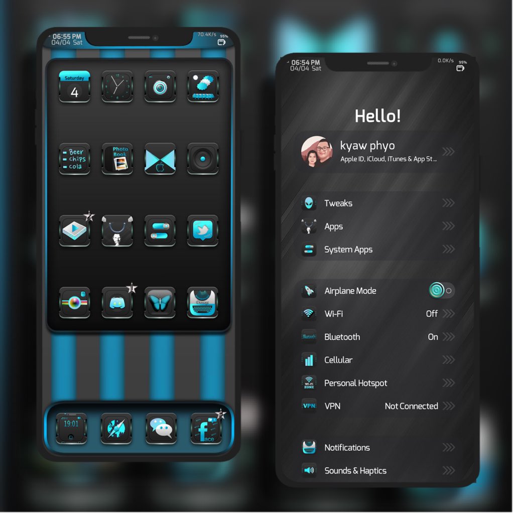 kyawthihaphyo's tweet photo. Tonight with #Aqua_theme @sl3in82
#wallpaper by me
#bettersetting @MidnightChip
#skinnysetting @CydiaGeek
#iThemer @DODGraphics
#NicebarX @NiceiOs
#screenshotx @JunesIphone
Thanks all creators ππ» https://t.co/AtZYB1qrYJ