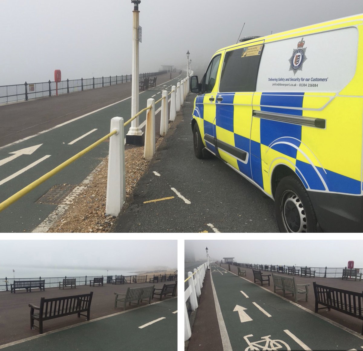 portdoverpolice's tweet photo. The seafront has been shrouded in mist all morning, but it is forecasted to clear. Please do not be tempted to visit here unnecessarily and put others at risk. Please follow government instructions. RT #StayHomeSaveLives #portofdover #portofdoverpolice #doverseafront https://t.co/mLEKWQ9SaJ
