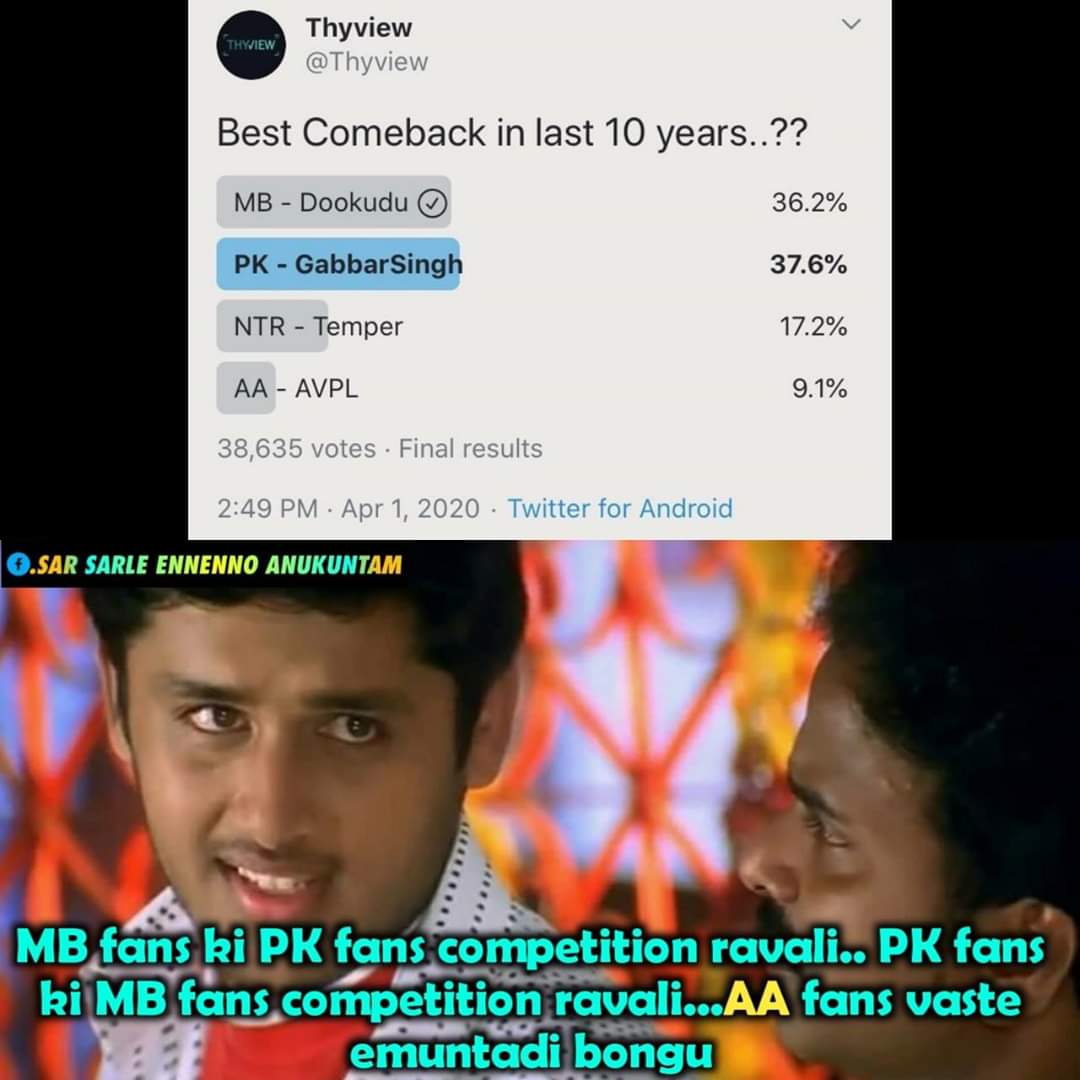 Sardar_Siva5's tweet photo. Idi kadaaa correct meter...
Any way congratulations to all MB fans &amp; PK fans.. 
Just for entertainment
Don't encourage fans war...
#WeLoveSSMB 
#WeLovePSPK
@urstrulyMahesh @PawanKalyan 
#SSMB27 #PSPK26 https://t.co/q2ZzY57T9Q