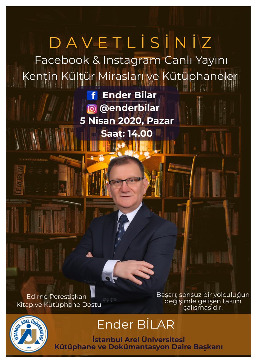 ArelKutuphane's tweet photo. @areledu Kütüphane Daire Başkanı @enderbilar22 #kütüphanehaftası etkinlikleri kapsamında “Kentin Kültür Mirasları ve Kütüphaneler” konulu online konferansıyla sizlerle buluşuyor. Davetlisiniz. #56KH #EvdeKalKitapOku #EvdeKalSağlıklıKal https://t.co/zlFJ6itH8I