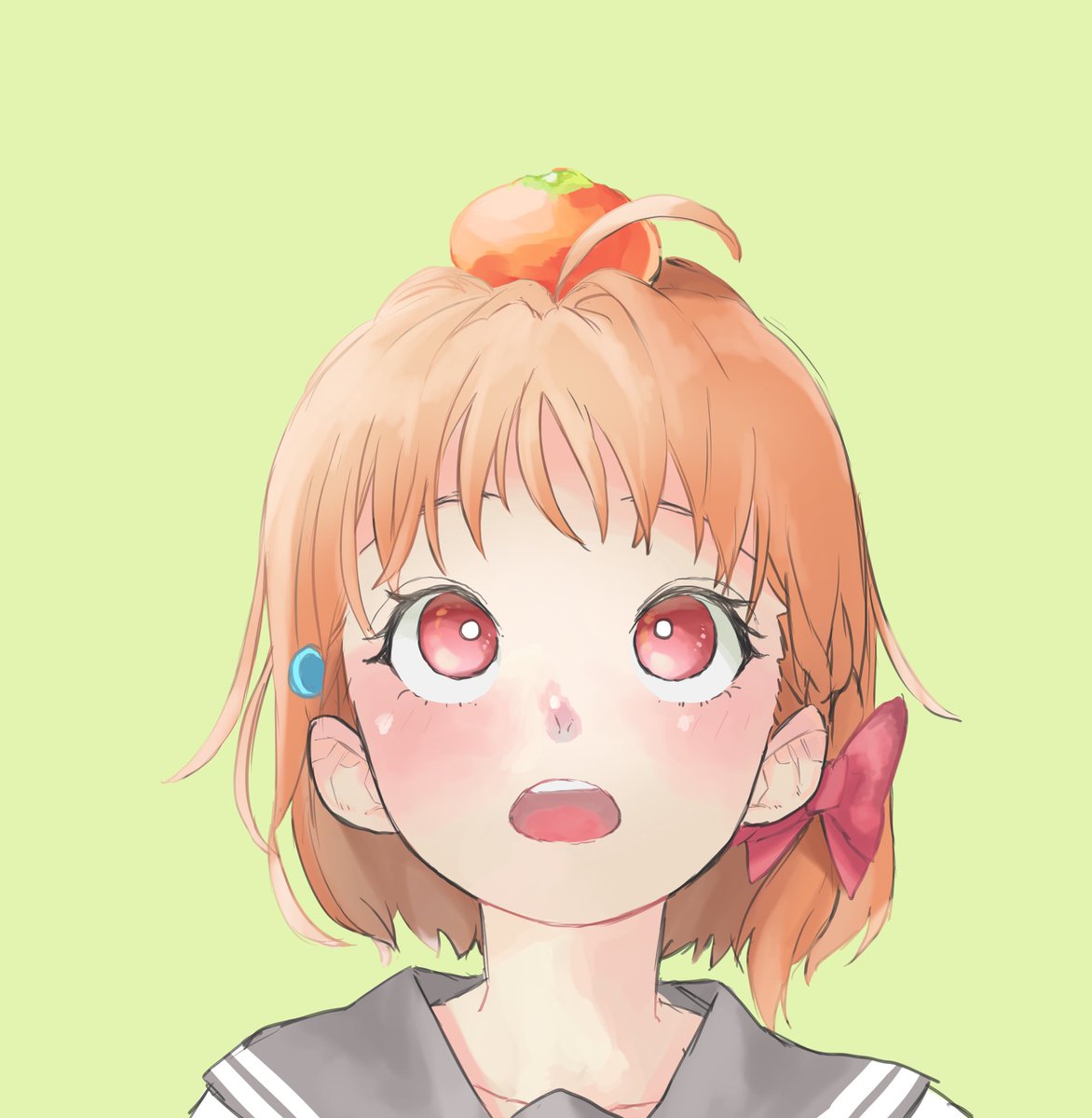 takami chika 1girl solo fruit red eyes food object on head ahoge  illustration images