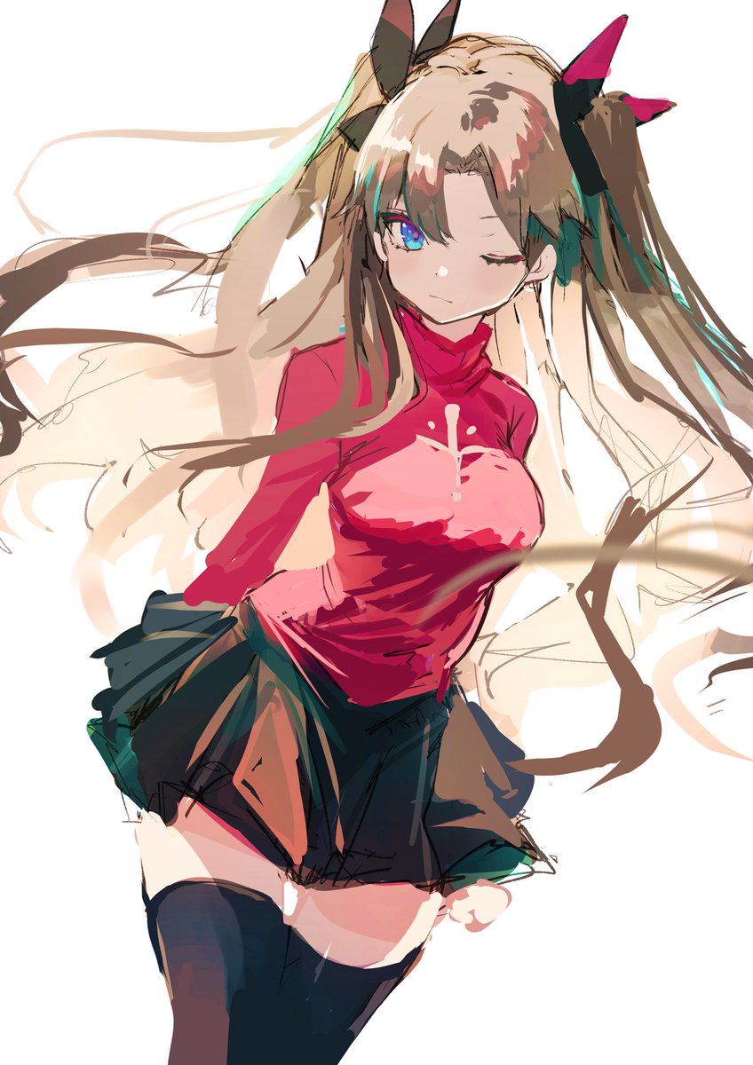 tohsaka rin 1girl solo thighhighs skirt long hair one eye closed blue eyes  illustration images