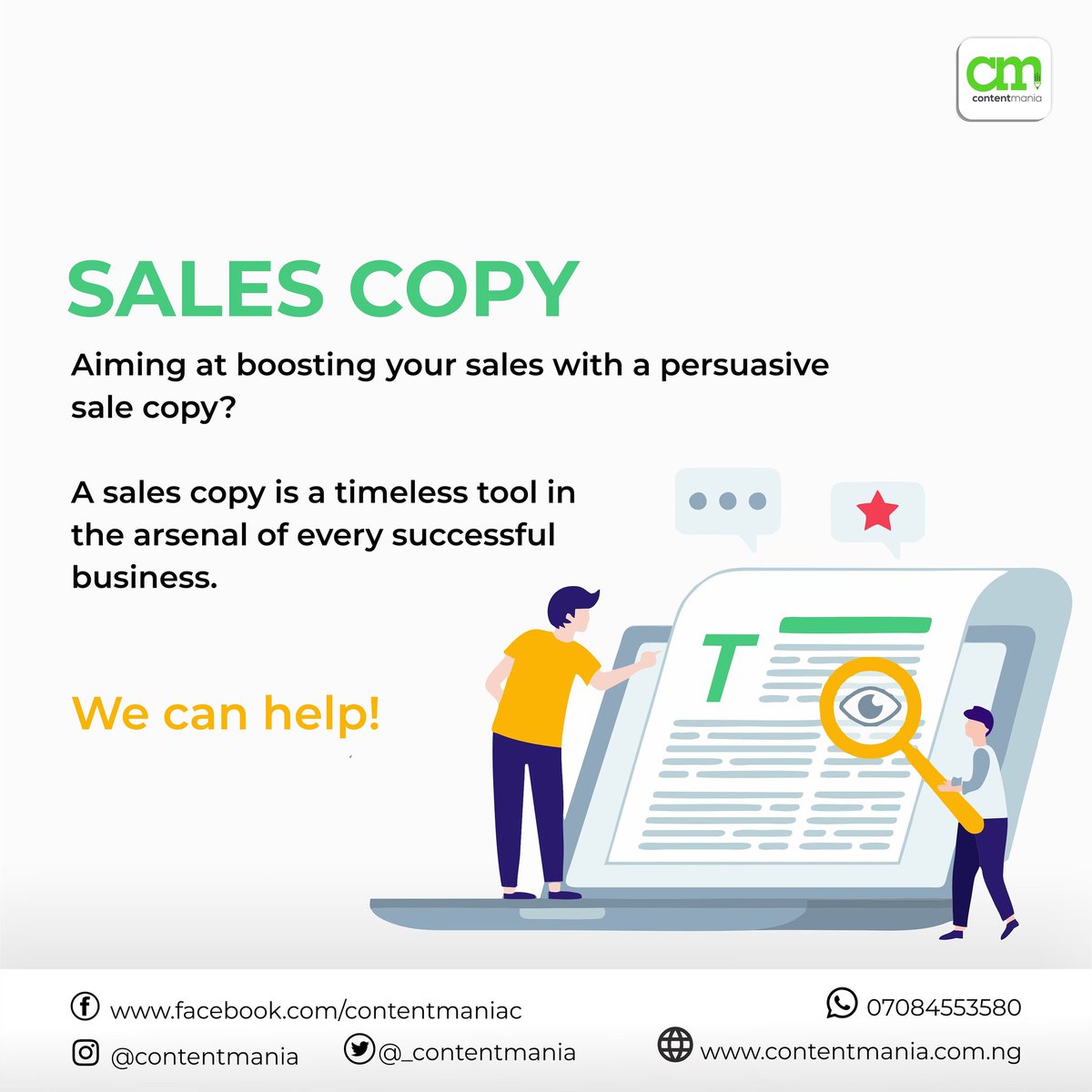 _ContentMania's tweet photo. Yes, you can still make sales despite the on-going pandemic. However, as you make plans to start utilizing online platforms, what attracts your customers is your copy!
Call 07084553580 to speak to a copywriter now
#writers #COVID19Pandemic #CMContent https://t.co/rYz6zadYbS