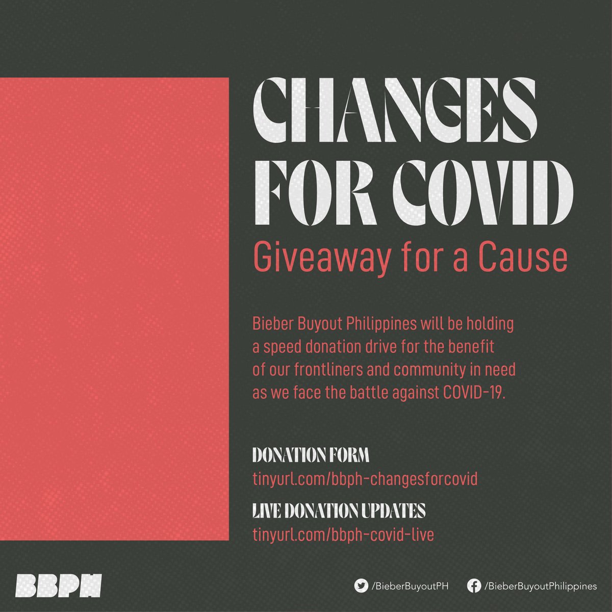 BieberBuyoutPH's tweet photo. CHANGES FOR COVID | Giveaway for a Cause
Speed fund-raising for the benefit of frontliners & community against COVID-19
Donation Form: https://t.co/dXmtzONTk4
Live Donation Updates: https://t.co/yu0d2Q9EYm
Full mechanics in the photos below.
#ChangesForCOVID https://t.co/lMikAF79w4