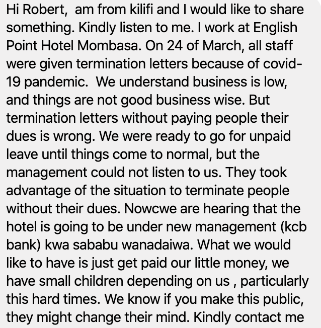 RobertAlai's tweet photo. How do you sleep easy knowing that you are abusing the rights of your employees? 

See what English Point Hotel is doing to workers. This is WRONG!! 

Why are these employers allowed to abuse the rights of workers? 

Where is Atwoli? Where is the Ministry of Labour? https://t.co/2zs9E0xzoX