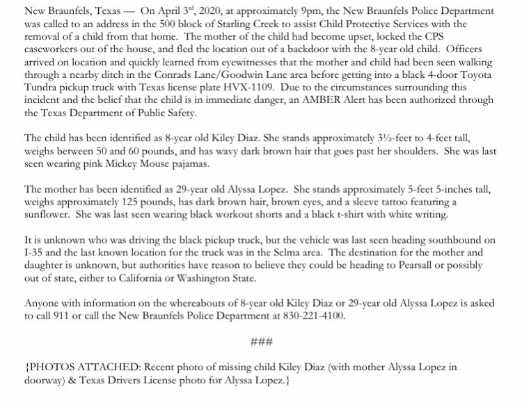 James_Keith's tweet photo. NEW OVERNIGHT - AMBER ALERT out of New Braunfels. Details below. Last seen near Selma. #kens5eyewitness https://t.co/5PX5v2FLX2