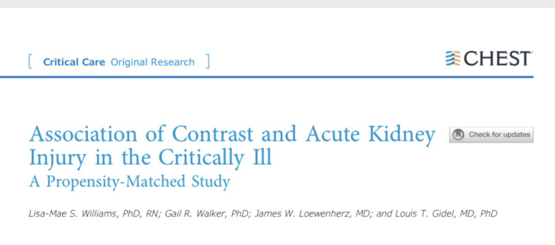 Paul_Wischmeyer's tweet photo. Modern IV contrast dye IS NOT associated with acute kidney injury in #ICU patients! (If you still had any doubts...)

New @accpchest paper ⬇️ shows should not limit use of contrast dye for CT scans due to #AKI concerns 
#FOAMcc #FOAMed 

 https://t.co/dqeMqDwJML https://t.co/9z25AIxgCx