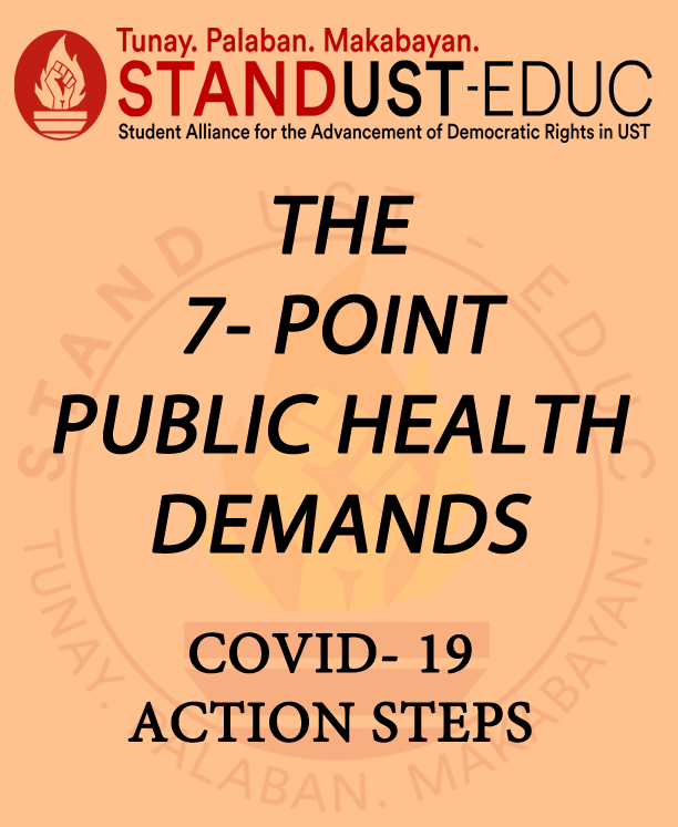 STANDUSTEduc's tweet photo. Narito ang 7-Point public health demands na isa sa pinapanawagan ng STAND UST-Educ upang konretong masolusyonan ang krisis. 

SIGN THE PETITION: https://t.co/XK9B0GvuVb

#COVID19PH
#MassTestingNowPH 
#SolusyongMedikalHindiMilitar
#7PointDemands https://t.co/f9qZGm3bAG