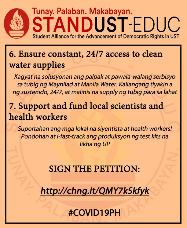 STANDUSTEduc's tweet photo. Narito ang 7-Point public health demands na isa sa pinapanawagan ng STAND UST-Educ upang konretong masolusyonan ang krisis. 

SIGN THE PETITION: https://t.co/XK9B0GvuVb

#COVID19PH
#MassTestingNowPH 
#SolusyongMedikalHindiMilitar
#7PointDemands https://t.co/f9qZGm3bAG