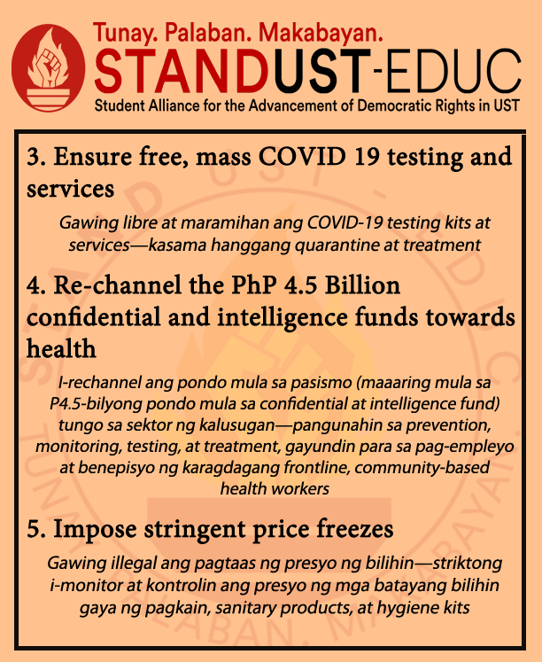 STANDUSTEduc's tweet photo. Narito ang 7-Point public health demands na isa sa pinapanawagan ng STAND UST-Educ upang konretong masolusyonan ang krisis. 

SIGN THE PETITION: https://t.co/XK9B0GvuVb

#COVID19PH
#MassTestingNowPH 
#SolusyongMedikalHindiMilitar
#7PointDemands https://t.co/f9qZGm3bAG