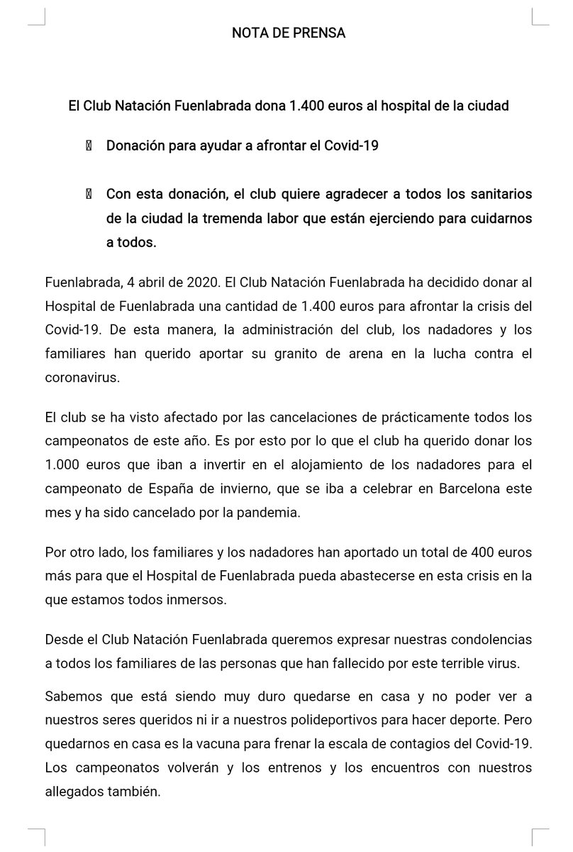 NOTA DE PRENSA // El Club Natación Fuenlabrada dona 1.400 euros al Hospital de Fuenlabrada.
