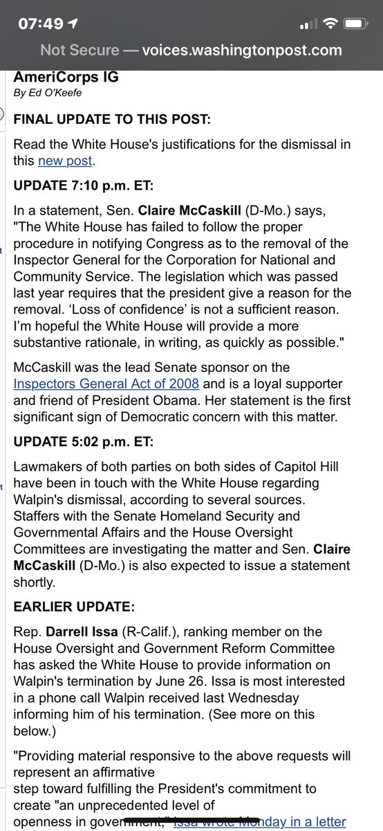 I’m even old enough to remember when honest senators of the president’s party—like  @clairecmc—expressed concern about the firing.  http://voices.washingtonpost.com/federal-eye/2009/06/the_former_inspector_general_f.html?hpid=news-col-blog