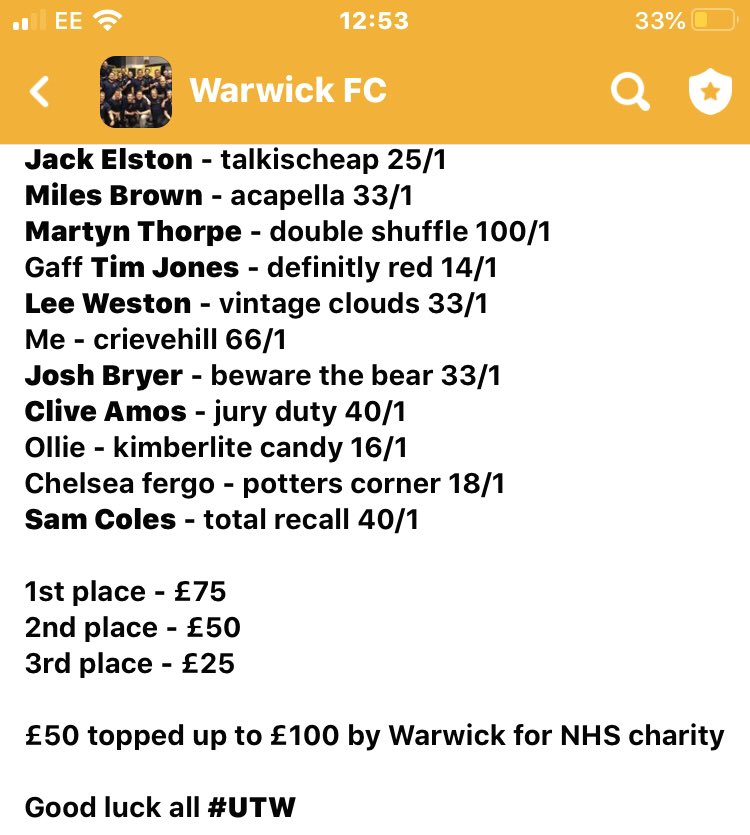 WarwickFC's tweet photo. Warwick FC have done a sweepstake for the #virtualgrandnational on @ITV 
Selections in the pictures.
1st - £75
2nd - £50
3rd - £25

£50 left over, topped up to £100 by Warwick FC to donate to the @NHSuk 
#UTW https://t.co/oR5lzysf5A