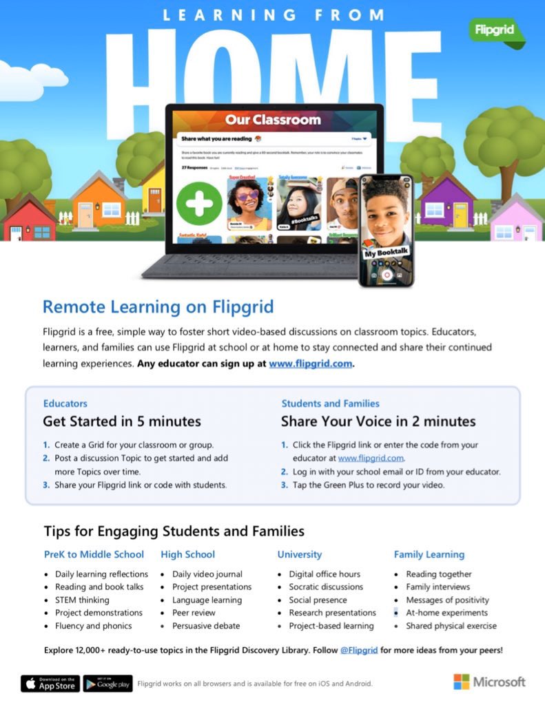 MicrosoftFlip's tweet photo. As educators, learners and families are impacted by COVID-19, know that our entire team is always here for you 💚

This simple one page PDF contains all the information you need to get started using Flipgrid in a remote learning environment.

Learn more at https://t.co/W20dqCx6CY https://t.co/oFOfSt6hpS