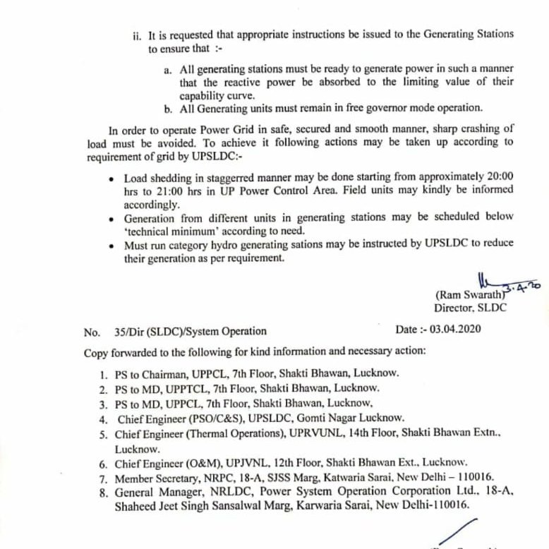 Utter Pradesh writes to do staggered planned shutdowns to minimize the impact of a sudden drop in load.