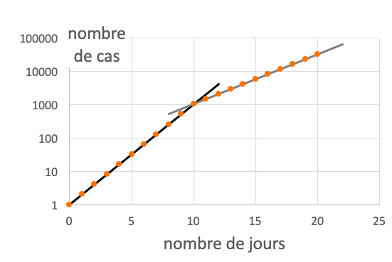 Imaginons qu'à partir du 10e jour, le nombre de cas double tous les 3 jours (au lieu du doublement quotidien) : sur le graphique en bleu, c'est impossible de le voir, mais c'est très clair sur le graphique orange ! 6/7