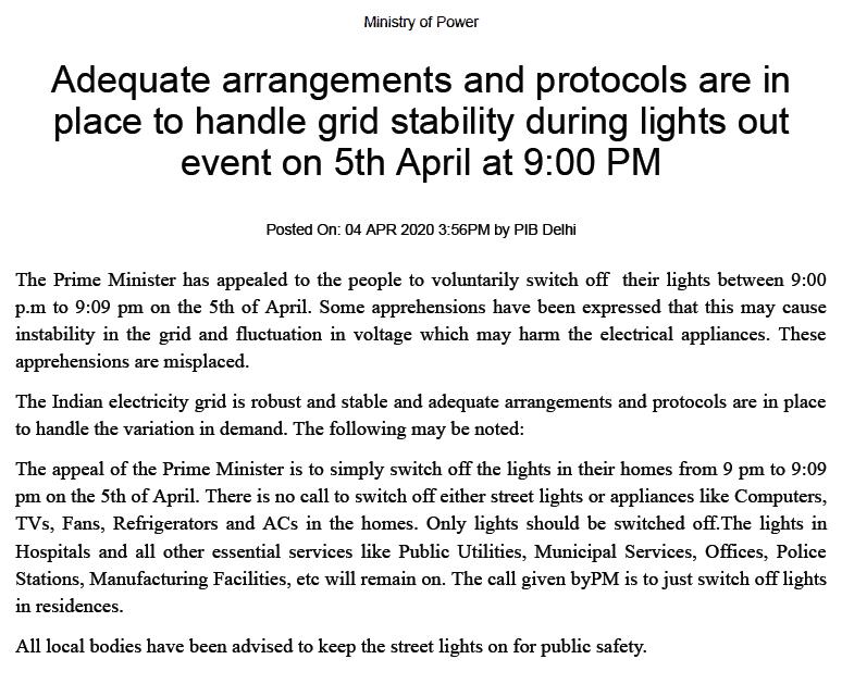 PiyushGoyal's tweet photo. It is pertinent to note that the Indian electricity grid is robust &amp; stable.

Adequate arrangements &amp; protocols are in place for PM @NarendraModi ji's appeal for switching off lights on 5th April at 9:00 PM for 9 minutes. 

https://t.co/wNgCj7Ej06 https://t.co/supxiU8Izp