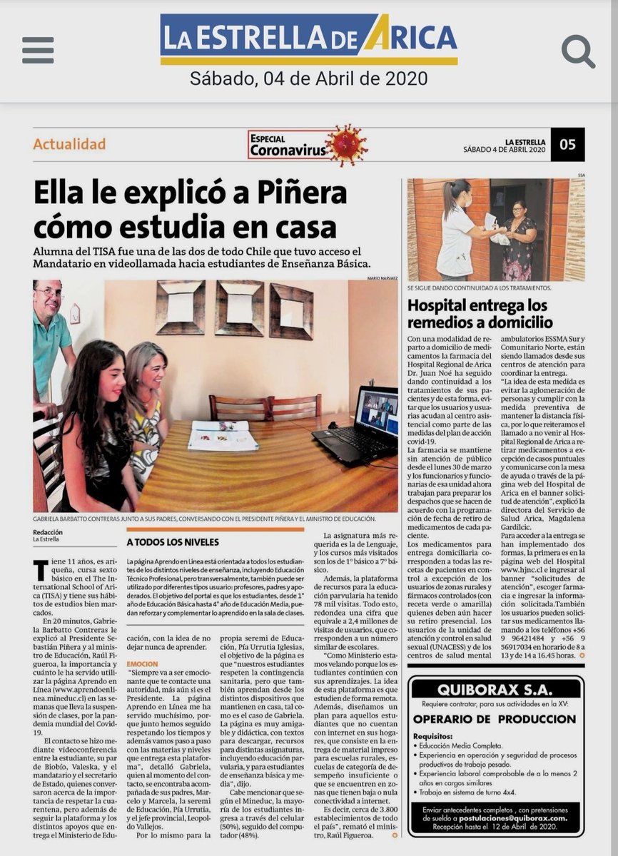 Que esta pandemia no le quite nunca el derecho de estudiar a nuestros niños y niñas♥️🇨🇱
Hoy, el Diario <a href="/EstrelladeArica/">Estrella de Arica</a> muestra cómo Gabriela utiliza Aprendo en Línea, recibiendo felicitaciones del Pdte. <a href="/sebastianpinera/">Sebastian Piñera</a> y del ministro 
<a href="/raulfiguersa/">Raúl Figueroa Salas</a> 
#CuidémonosEntreTodos