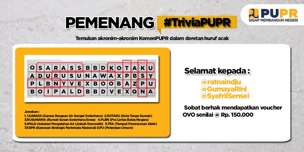 KemenPU's tweet photo. Malam #SobatPUPR, mimin mau umumin 3 sobat pemenang #TriviaPUPR minggu lalu.
.
Selamat kepada :@ratnaindju @GumayaRini @SyafrilSensei
.
Tunggu DM dari mimin dalam 1x24jam yaa..
#PUPRSigapMembangunNegeri https://t.co/zxzzEfxrma