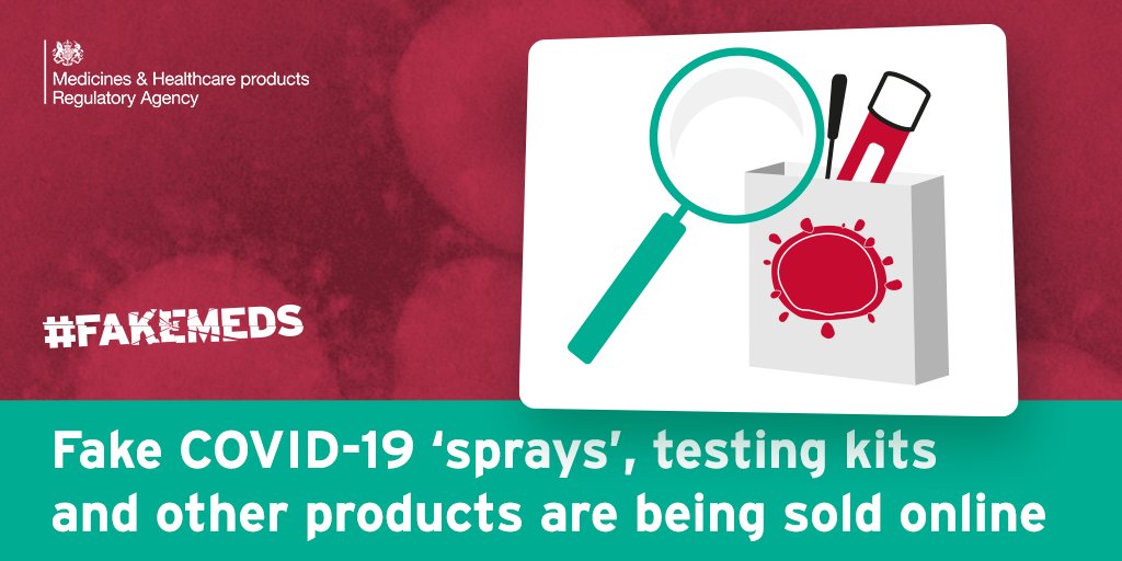 Bogus medical products claiming to treat, cure or prevent COVID-19 are being sold online - including self-testing kits, ‘miracle cures’ and other unlicensed medicines. 

#FakeMeds are dangerous to your health and safety 

Find out more:  ow.ly/rSvQ50z5eMP