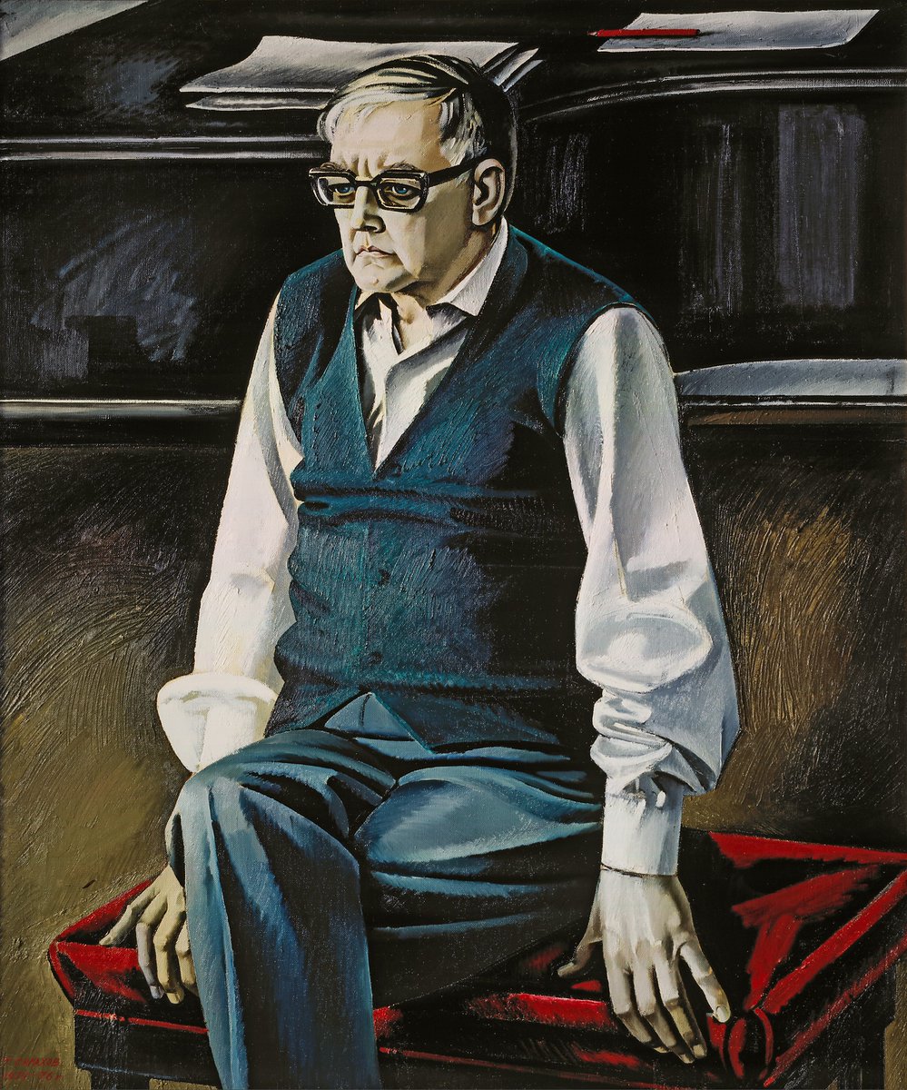 When Tahir painted Russian composer Dmitri Shostakovich's portrait, he took a much different approach. Shostakovich, who was seriously ill when he sat for the portrait, solemnly gazes into space with his back to the piano. His frail hands rest on a red velvet piano stool.