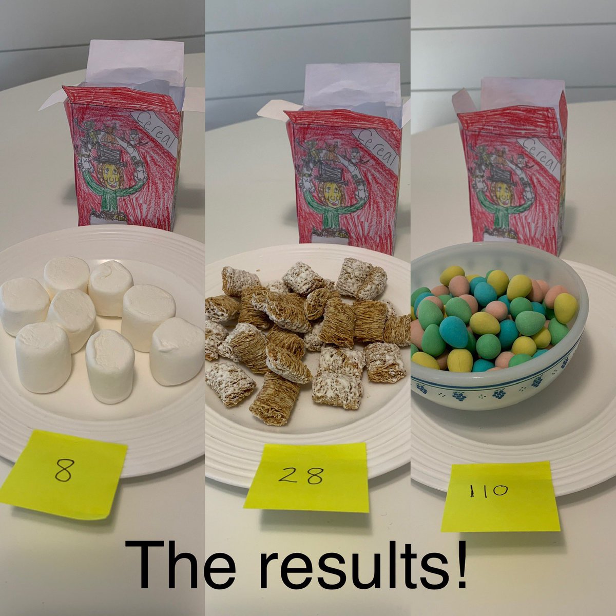 Use items from your home to estimate how many will fit inside your cereal box creation! Visit artofmathed.ca for a box template under K-Gr 3 What Do You See? Activity 5. #math #art #LearnAtHome #ArtofMathEd #ArtofMathEdSee