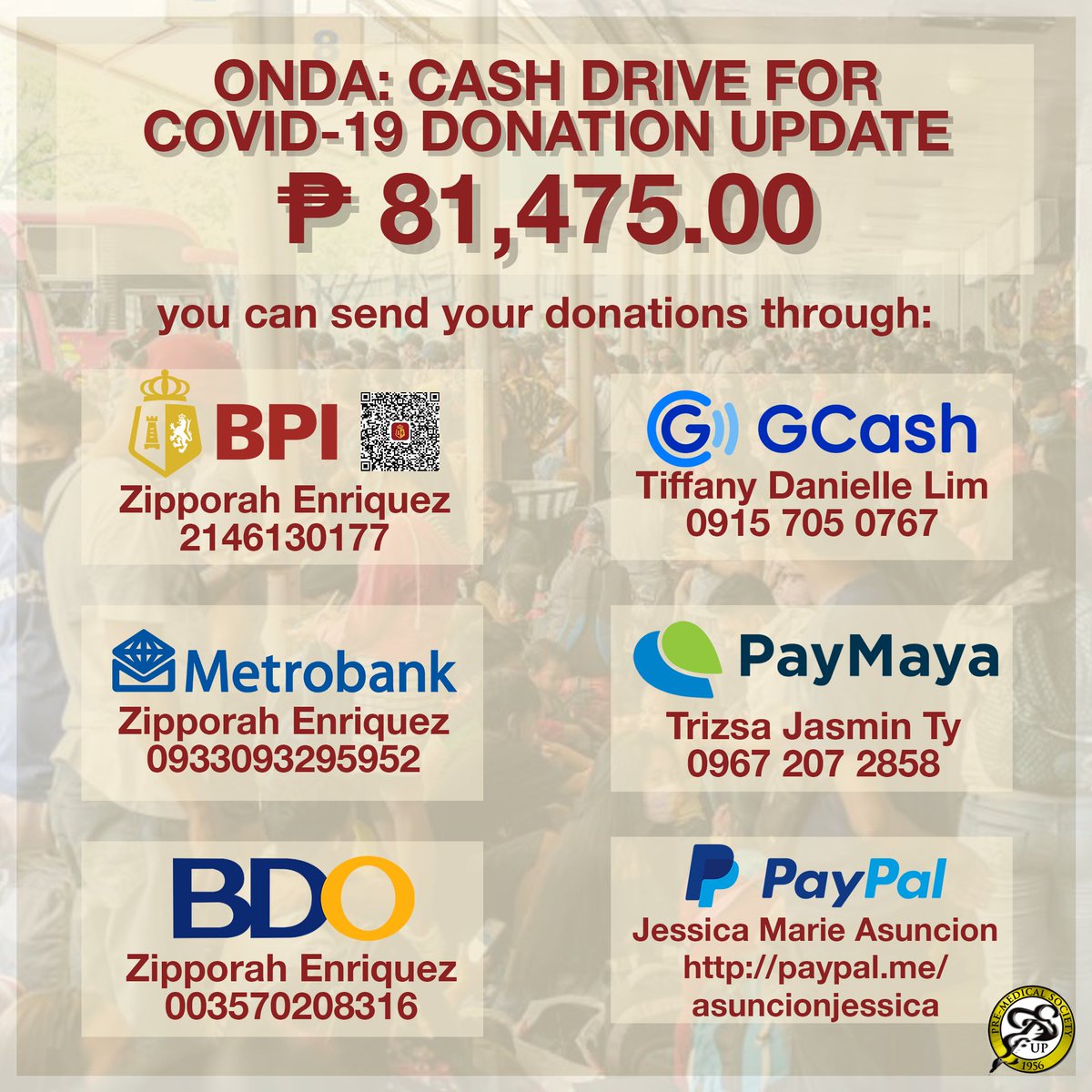 UPPreMedSoc's tweet photo. [CALL FOR DONATIONS]

ISANG TAOS-PUSONG PASALAMAT ❤️

We have raised a TOTAL of 81,475.00 PHP during the first 11 days. The accounts are still OPEN for ANY AMOUNT of donation.

Any amount even as small as 35 pesos can already provide one person with a meal! https://t.co/5ZXAlYesuZ