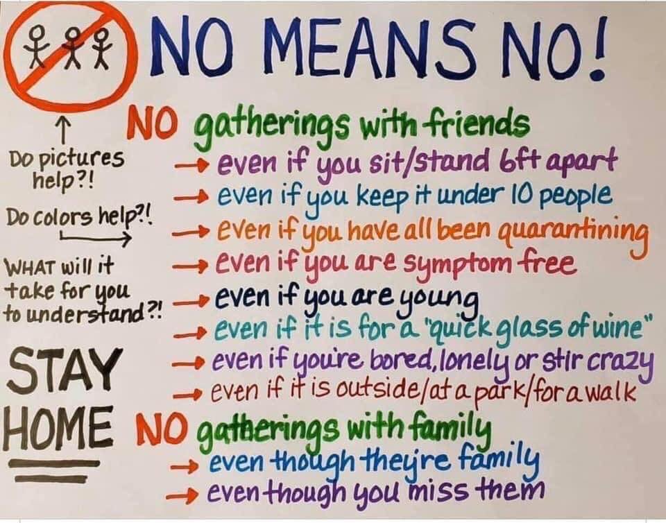 irene5787's tweet photo. Please remember #NoMeansNo. The many people who are essential/critical workers need YOU to help THEM be safe.  ALL ⁦@CHorizons⁩ AWSOME employees staff are critical care employees-help them by staying home! https://t.co/krgDu59qir