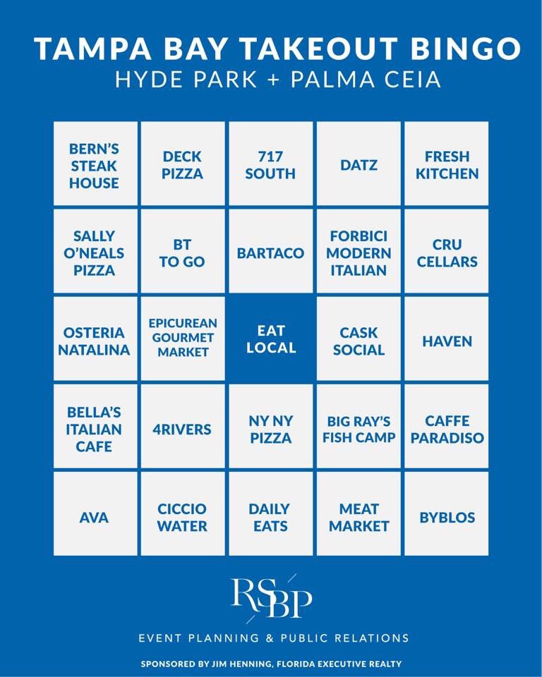 uctampa's tweet photo. We absolutely LOVE the @rsbpevents #TampaBayTakeOutBingo created for various neighborhoods!  Support your local restaurants! #hydepark #westshore #seminoleheights @Tampasdowntown @CityofTampa @VisitTampaBay Rules: https://t.co/PKftiFbCKE #Tampa #takeouttuesday #TampaBay #Florida https://t.co/ye8PUanaBj