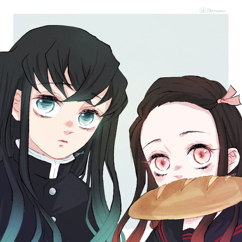 kamado nezuko bread 1girl 1boy food long hair black hair siblings  illustration images