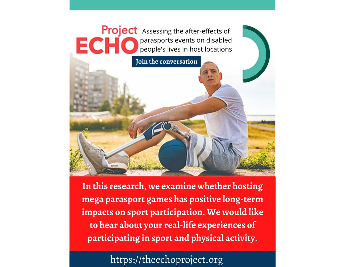 This research project, examines the impact of major parasport events on sport participation for persons with disabilities in the host cities once the event is complete. We would like to hear about your experiences. Join the conversation at theechoproject.org/?platform=hoot…
