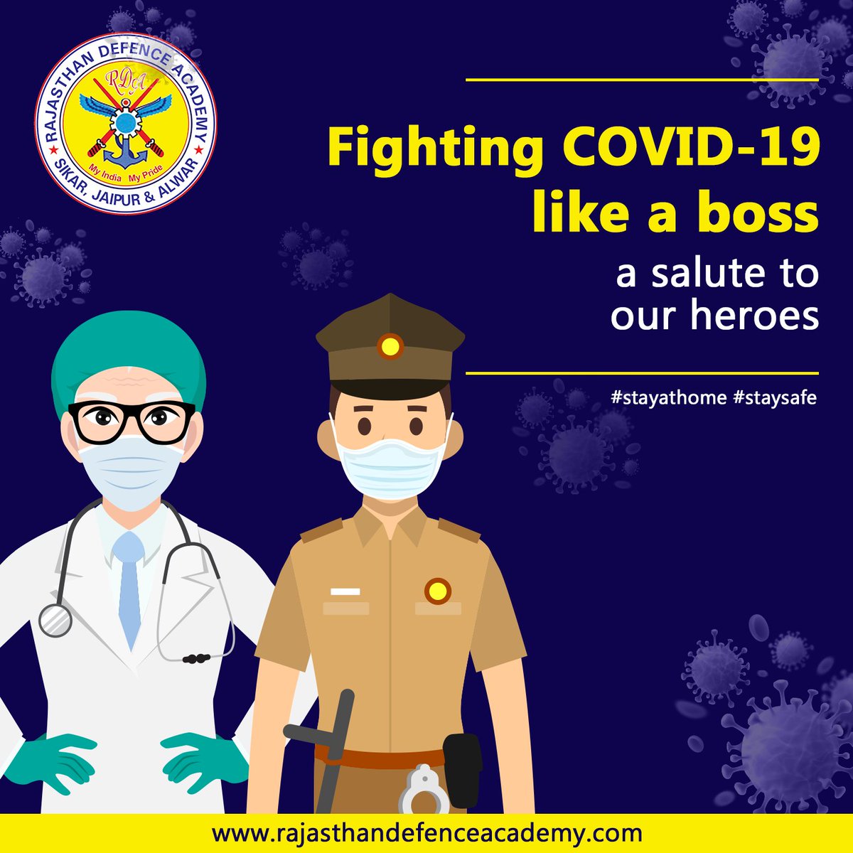 DefenceCollege's tweet photo. Salute to our heroes who are working hard to save millions of lives, kindly stay at home for them.

#OurHeroes #StayHome #StaySafe #WorkingHard #COVID19 #Coronavirus #Epidemic #RajasthanDefenceAcademy https://t.co/MFQcQALpCg