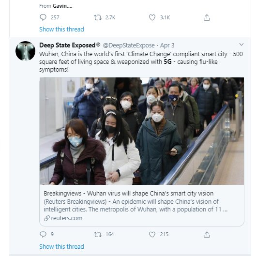 5/ As you can see from below. Jeremy Stone is adamant that 5g is the cause of Corona Virus. I am not quite sure what the logic is, but apparently 5g has been weaponized and is deadly.... Jeremy has a lot of followers (300k), and has even caught the attention of the WashPost