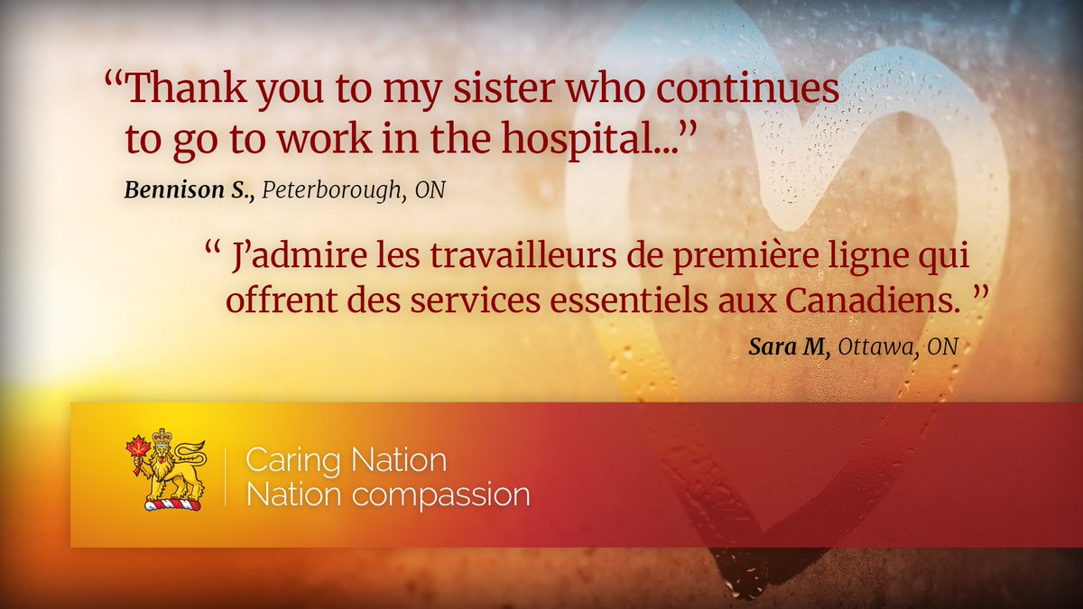 Canada is a Caring Nation. Share acts of kindness witnessed during the pandemic on bit.ly/2USAKOw.

Le Canada est une nation de compassion. Laissez-nous savoir les actes de gentillesse dont vous avez été témoins pendant la pandémie sur bit.ly/2JzMsZ8. #COVID19