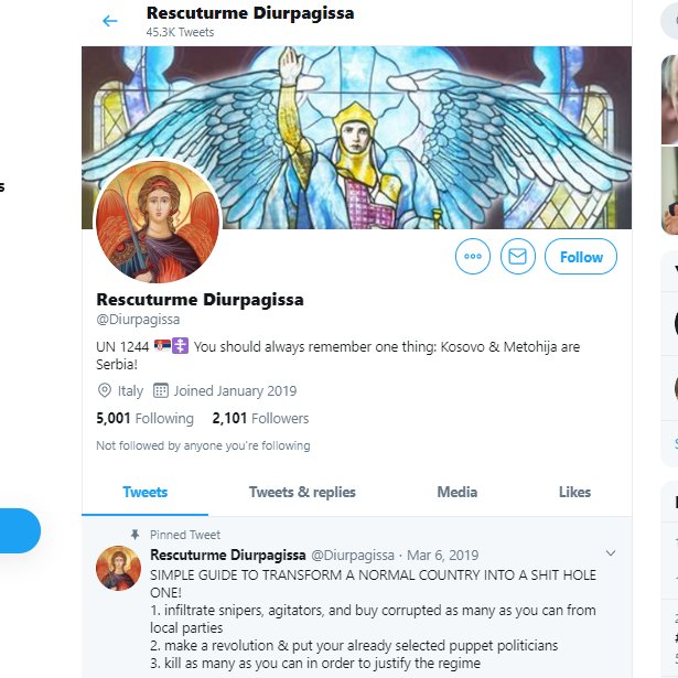 8/ A sort of strange collection of Serbian nationalists, right wing christians, and conspiracy theorists. A lot of tweets about chemtrails, antisemitism, and global cabals of lizard people (ok I didn't really see anything on the lizard people). Some of these accounts are