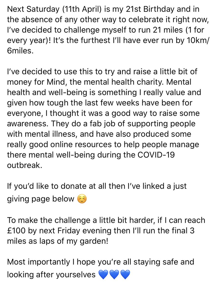 chloedooley99's tweet photo. So I’m challenging myself to run 21  miles on my 21st birthday and hoping to raise a bit of money for @MindCharity
£100 by next Friday and I’ll do the final 3 miles as laps of my garden!#21stchallenge #EveryMindMatters  
https://t.co/N4Wka0LV75 https://t.co/ibnPPMDzGf