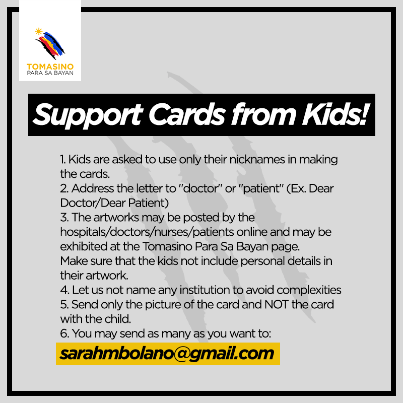 TomasinoPSB's tweet photo. #TomasinoParaSaBayan aims to raise funds to procure PPEs for our frontliners in underserved hospitals in the Metro and to give out relief goods for poverty stricken communities in partnership with 2KK (Tulong sa Kapwa Kapatid Foundation).

Know how you can do your part here: https://t.co/VZvuPJNd4L