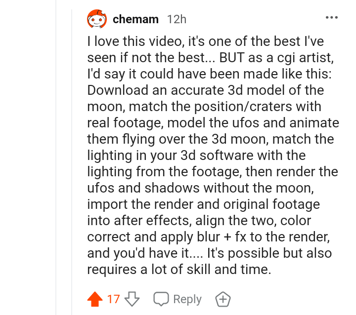 An interesting comment by a CGI artist on Reddit about this video.