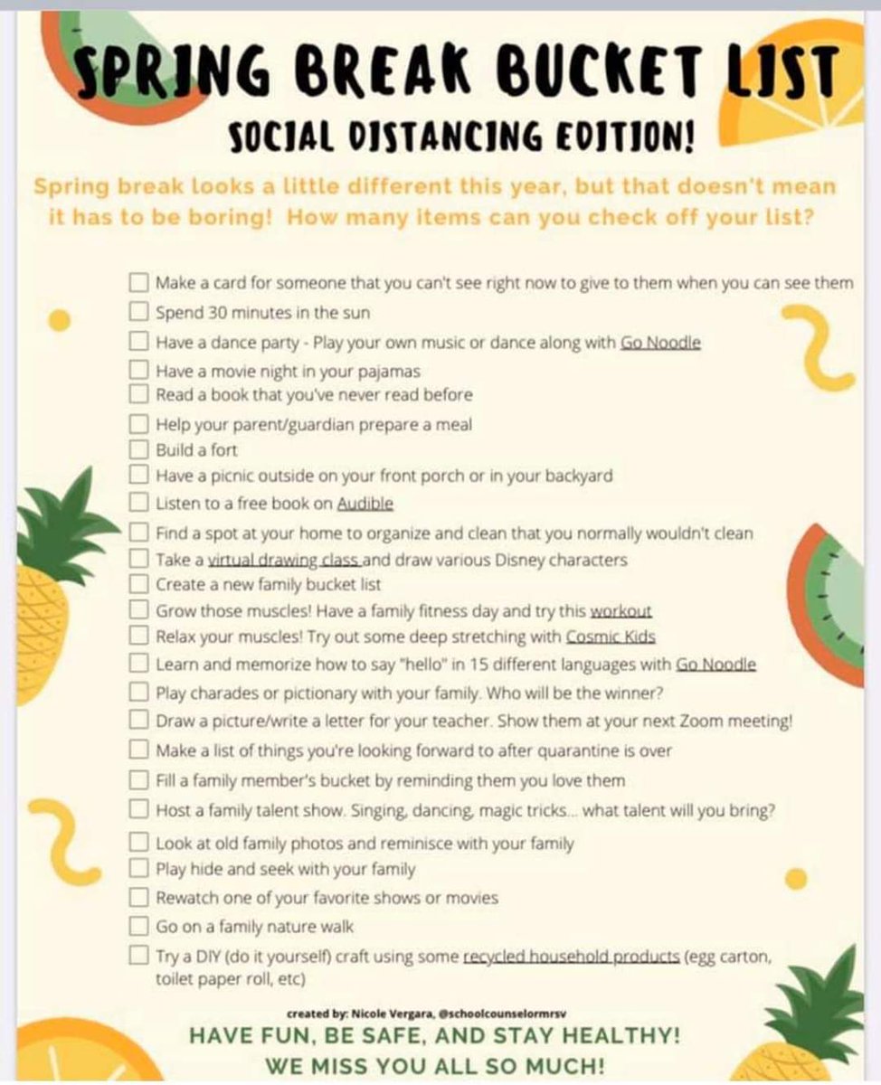 agratitudegirl's tweet image. Spring break is coming and while many are looking forward to a break from online learning, it may be a lonely, scary time for others. Here are some suggestions for students to keep busy and pass the time.