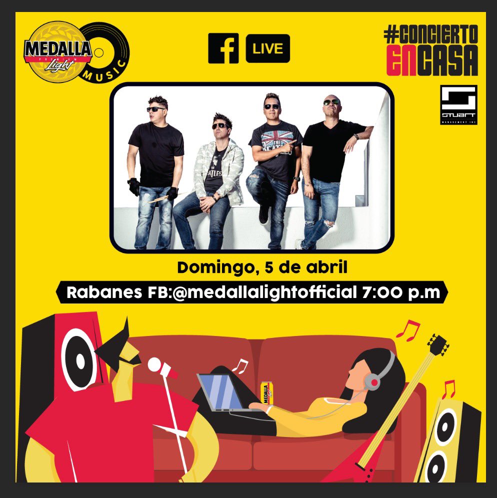 stuarttommy's tweet photo. Medalla Music presenta a 
@LosRabanes en vivo para tu #ConciertoEnCasa ! MAÑANA, domingo a las 7:00PM desde la página oficial de Medalla Light 🍻 en Facebook 😎 Accesa aquí 👉🏼 https://t.co/jVqa3aro73 https://t.co/KwrnX3Jlg5