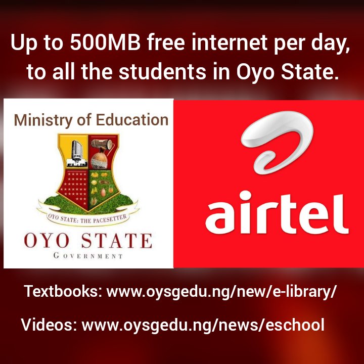 The Hon. Commissioner for Education, Barr. Olasunkanmi Olaleye, making the disclosure today in Ibadan, declared that the Ministry of Education had secured the partnership of AIRTEL to provide free internet services to access the materials already uploaded on to Ministry website.