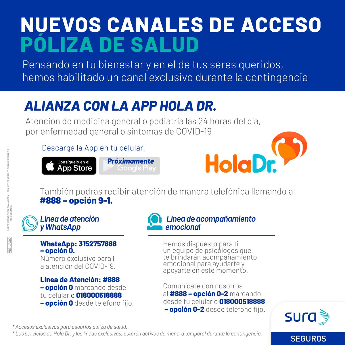 SegurosSURAcol's tweet photo. Recuerda que si tienes síntomas relacionados con el #COVID19 y eres cliente de nuestra póliza de Salud, estos son los canales que tenemos habilitados para ti: https://t.co/CkBRWrJwhl
